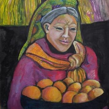 Painting titled "Vieja con Naranjas…" by Chicana Artist.... Ruth Olivar Millan, Original Artwork, Oil