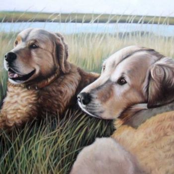 Painting titled "Two Golden Retriever" by Arts & Dogs, Original Artwork, Oil