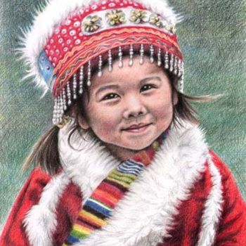 Ζωγραφική με τίτλο "Tibetan Girl" από Arts & Dogs, Αυθεντικά έργα τέχνης, Λάδι