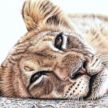 Painting titled "Tired Young Lion" by Arts & Dogs, Original Artwork, Oil