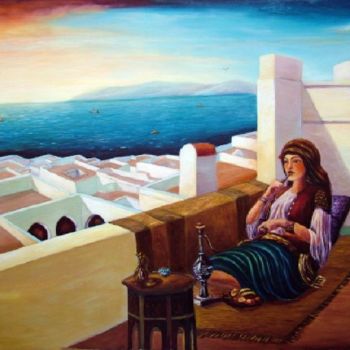 Painting titled "Rym à la terrasse" by Redha Chikh Bled, Original Artwork, Oil