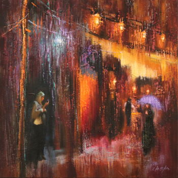 Painting titled "Village Restaurant…" by Chin H Shin, Original Artwork, Oil Mounted on Wood Stretcher frame