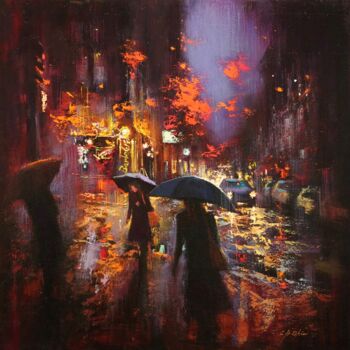 Painting titled "Night Walkers at La…" by Chin H Shin, Original Artwork, Oil Mounted on Wood Stretcher frame