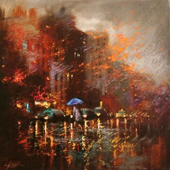Painting titled "Rainy Day 7" by Chin H Shin, Original Artwork, Oil Mounted on Wood Stretcher frame