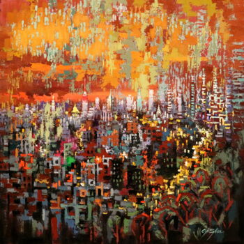 Картина под названием "URBAN SUNDOWN" - Chin H Shin, Подлинное произведение искусства, Масло Установлен на Деревянная рама д…