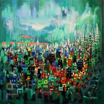 Painting titled "URBAN JUNGLE 1" by Chin H Shin, Original Artwork, Oil Mounted on Wood Stretcher frame