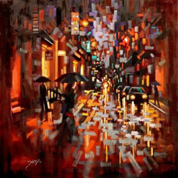 Painting titled "Night Walk in Soho…" by Chin H Shin, Original Artwork, Oil Mounted on Wood Stretcher frame