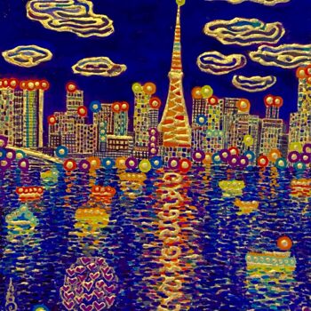 Ζωγραφική με τίτλο "Rainbow Color Night" από Chiori Ohnaka, Αυθεντικά έργα τέχνης, Χρωστικές ουσίες Τοποθετήθηκε στο Ξύλινο…