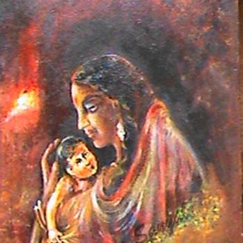 Schilderij getiteld "Mother_and_child_1" door Anita Sanyal, Origineel Kunstwerk, Olie