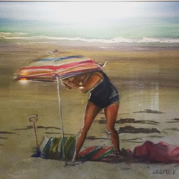 Painting titled "Le Parasol" by Virginie Chloupek, Original Artwork, Watercolor