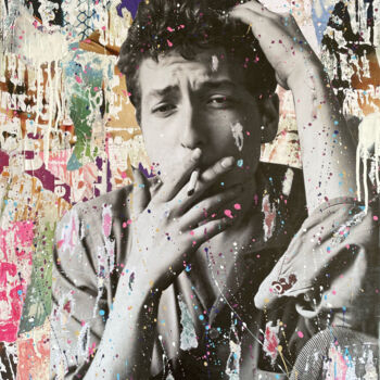 Kolaże zatytułowany „Bob Dylan” autorstwa Chris Rose, Oryginalna praca, Kolaże Zamontowany na Drewniana rama noszy