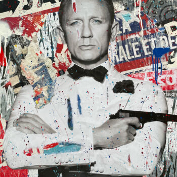 Collages getiteld "Agent 007" door Chris Rose, Origineel Kunstwerk, Collages Gemonteerd op Frame voor houten brancard
