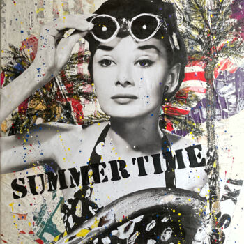 Collages getiteld "Summer time with Au…" door Chris Rose, Origineel Kunstwerk, Collages Gemonteerd op Frame voor houten bran…
