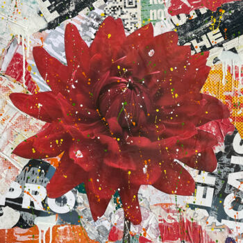 Collages titled "Dahlia rouge" by Chris Rose, Original Artwork, Collages Mounted on Wood Stretcher frame