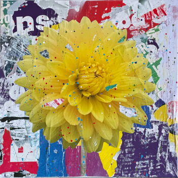 Collages getiteld "Dahlia jaune n°1" door Chris Rose, Origineel Kunstwerk, Collages Gemonteerd op Frame voor houten brancard