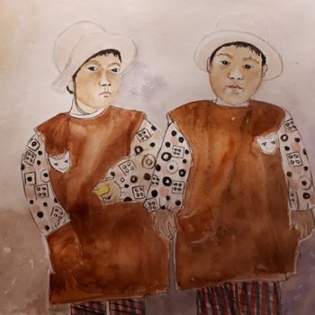 Ζωγραφική με τίτλο "Les petites jumelle…" από Chris Texier, Αυθεντικά έργα τέχνης, Ακουαρέλα