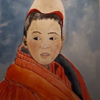 Peinture intitulée "jeune garcon moine" par Chris Texier, Œuvre d'art originale, Aquarelle