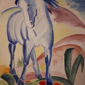 Painting titled "Le cheval bleu" by Chris Texier, Original Artwork, Watercolor