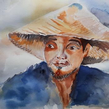 Painting titled "L'indonésien au cha…" by Chris Texier, Original Artwork, Watercolor