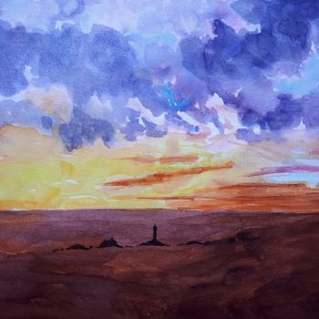 Pintura intitulada "crépuscule nuageux" por Chris Texier, Obras de arte originais, Aquarela