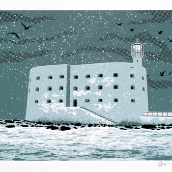 Druckgrafik mit dem Titel "Fort Boyard sous la…" von Chrisgraphie, Original-Kunstwerk, Siebdruck