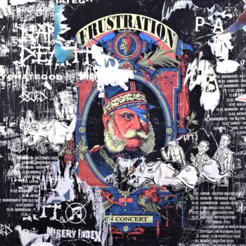 「Frustration 1」というタイトルのコラージュ Chrisoによって, オリジナルのアートワーク, コラージュ ウッドストレッチャーフレームにマウント