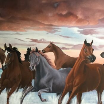 Painting titled "6 horses running in…" by Christopher Skelton, Original Artwork, Oil Mounted on Wood Panel