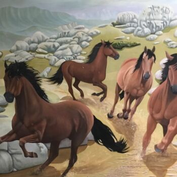 Painting titled "Horses running down…" by Christopher Skelton, Original Artwork, Oil Mounted on Other rigid panel