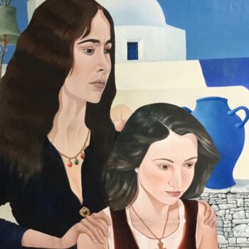 Painting titled "Two girls on Mykonos" by Christopher Skelton, Original Artwork, Oil Mounted on Wood Stretcher frame