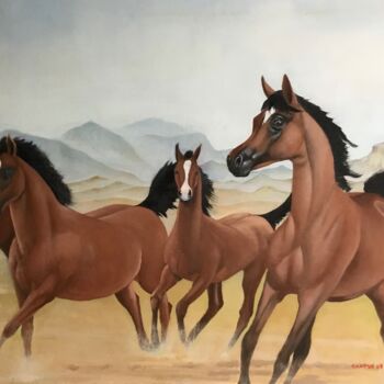 Painting titled "4 horses by the Jeb…" by Christopher Skelton, Original Artwork, Oil Mounted on Wood Panel