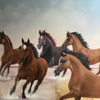 Painting titled "5 horses by the sea." by Christopher Skelton, Original Artwork, Oil Mounted on Wood Panel