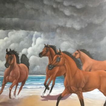 Painting titled "Horses on a beach.…" by Christopher Skelton, Original Artwork, Oil Mounted on Wood Panel