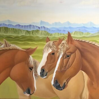 Peinture intitulée "Four Breton horses." par Christopher Skelton, Œuvre d'art originale, Huile
