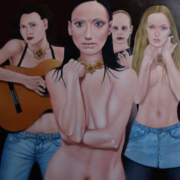 Painting titled "4 Girls, one with a…" by Christopher Skelton, Original Artwork, Oil Mounted on Wood Panel