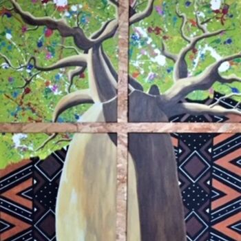 Painting titled "L'arbre à Palabre" by Christafari, Original Artwork, Acrylic Mounted on Wood Stretcher frame