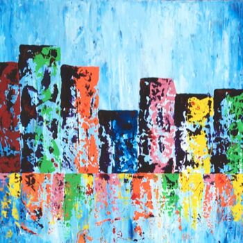 Schilderij getiteld "Panoramic city" door Christel Ferrasse, Origineel Kunstwerk, Acryl Gemonteerd op Frame voor houten bran…