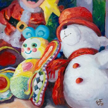 Painting titled "Le doudou papillon" by Christel Fréon, Original Artwork, Oil Mounted on Cardboard