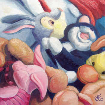Painting titled "Tas de peluches" by Christel Fréon, Original Artwork, Oil Mounted on Cardboard