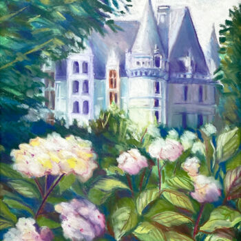 Dessin intitulée "Hortensia à Azay-le…" par Christel Fréon, Œuvre d'art originale, Pastel Monté sur Carton