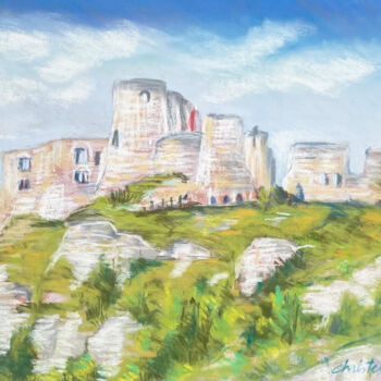 Drawing titled "Les ruines du châte…" by Christel Fréon, Original Artwork, Pastel Mounted on Cardboard