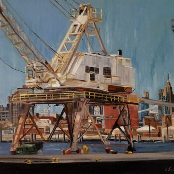 Schilderij getiteld "Crane" door Christel Soubeyre, Origineel Kunstwerk, Olie Gemonteerd op Frame voor houten brancard
