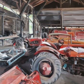 Painting titled "Tracteurs" by Christel Soubeyre, Original Artwork, Oil Mounted on Wood Stretcher frame