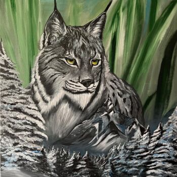 Schilderij getiteld "Le Jura et son lynx" door Christelle Cottrelle, Origineel Kunstwerk, Acryl Gemonteerd op Frame voor hou…