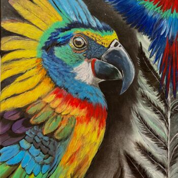 Painting titled "L’oiseau multicolore" by Christelle Cottrelle, Original Artwork, Acrylic Mounted on Wood Stretcher frame
