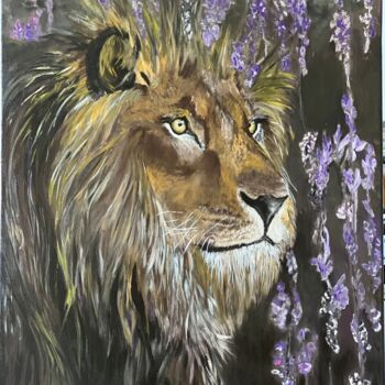 Painting titled "Sa majesté le lion" by Christelle Cottrelle, Original Artwork, Acrylic Mounted on Wood Stretcher frame