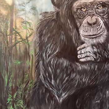 Painting titled "Chimpanzé inquiet" by Christelle Cottrelle, Original Artwork, Acrylic Mounted on Wood Stretcher frame