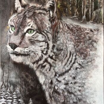 Painting titled "Le Lynx une rare pr…" by Christelle Cottrelle, Original Artwork, Acrylic Mounted on Wood Stretcher frame