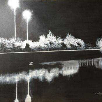 Painting titled "Paysage de nuit" by Christelle Cottrelle, Original Artwork, Acrylic Mounted on Wood Stretcher frame