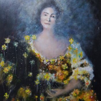Painting titled "Femme et fleurs" by Hervieu Christelle, Original Artwork, Acrylic Mounted on Wood Stretcher frame