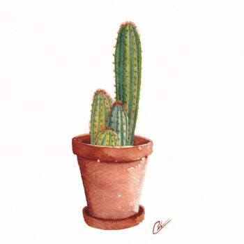 Painting titled "Cactus en pot n°2" by Christelle Lachambre, Original Artwork, Watercolor